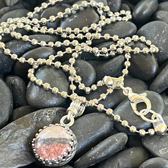 Minimalist Picture Jasper Pendant Necklace | Silver Tone Crown Bezel - Picture 2 of 7